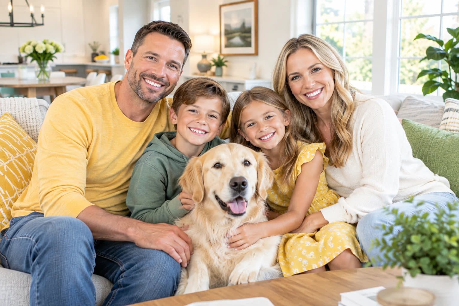 Smiling family with their golden retriever on the couch in their bright living room