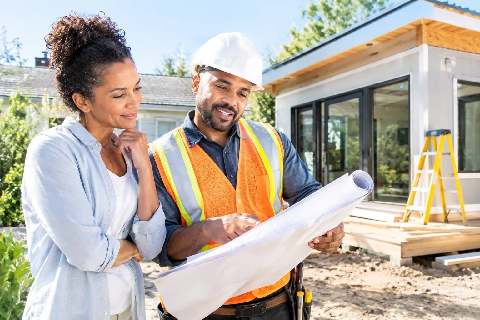 Homeowner and contractor reviewing plans for a new backyard addition