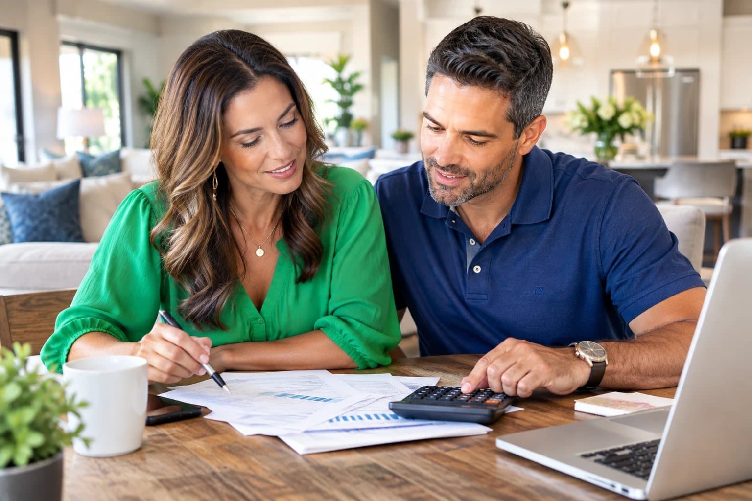Couple at the dining table reviewing their numbers with a calculator