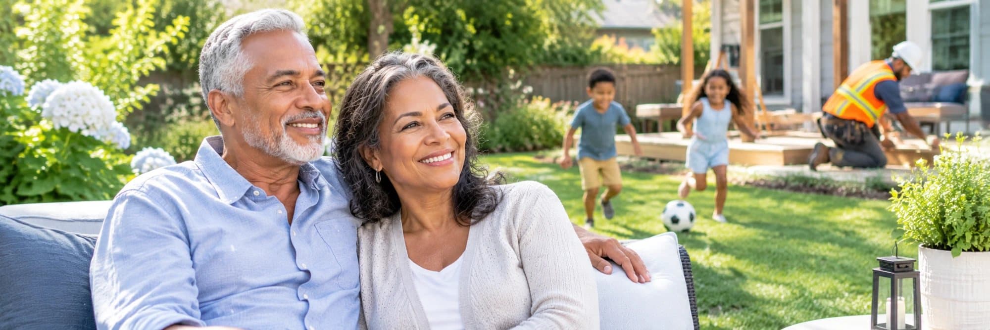 Retired couple relaxing in their backyard while their grandkids play and a contractor builds a new deck