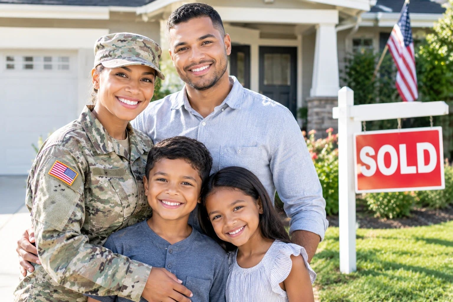 Service member and her family in front of their new home with a sold sign