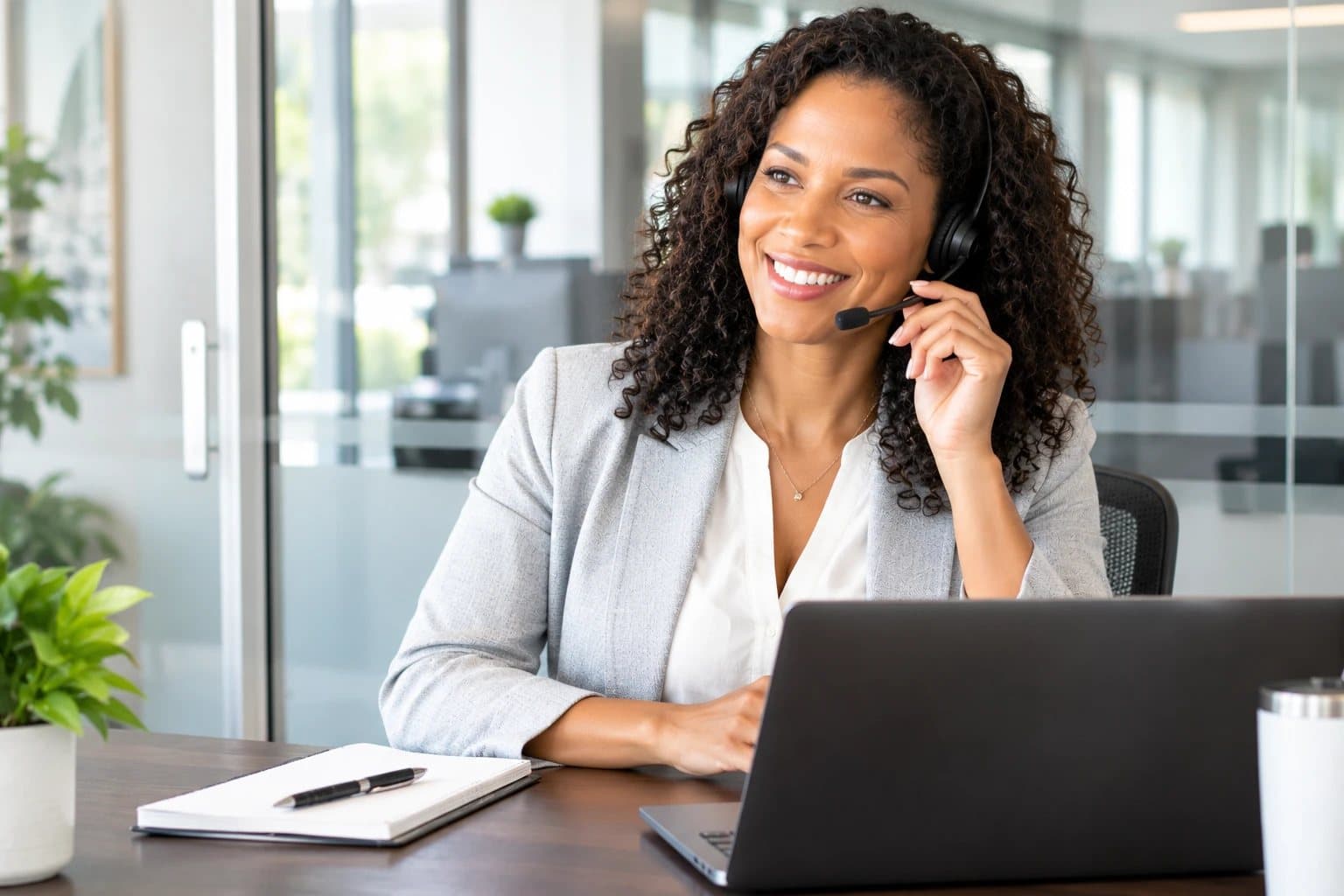 Friendly advisor smiling on a headset call at her desk