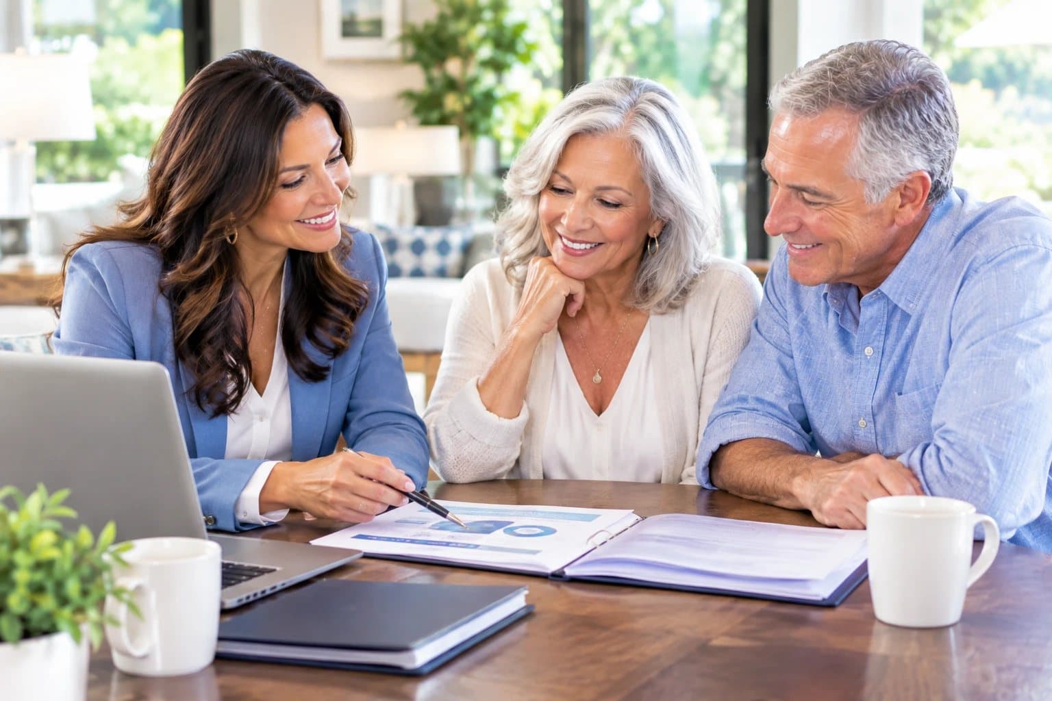Financial planner reviewing a retirement plan with a retired couple at their dining table